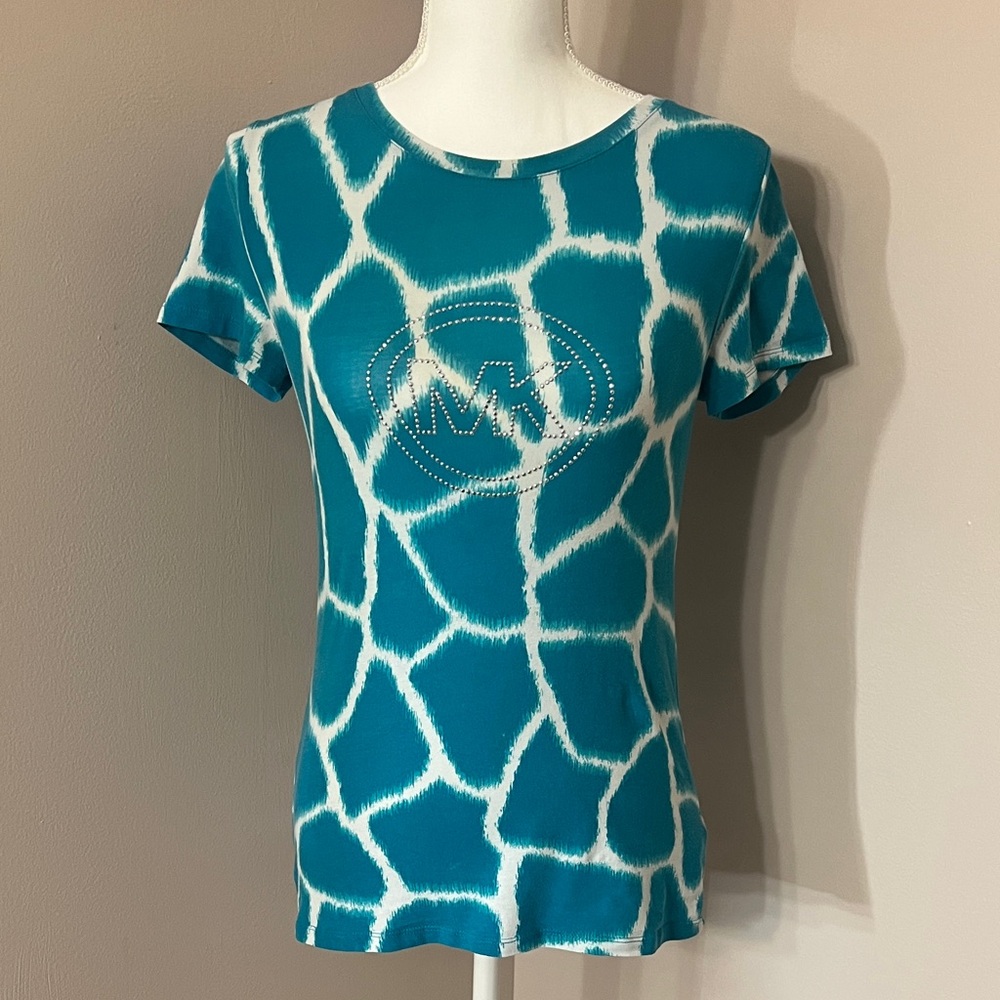 MICHAEL Michael Kors Blue and White Patterned Rhinestone logo stretchy Tee